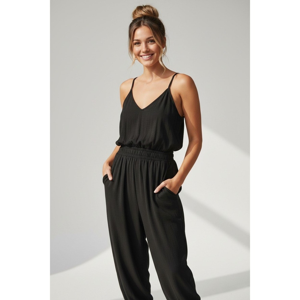 NEW IN Black Harem Jumpsuit Women Large Spaghetti Strap Pockets NWT Boho